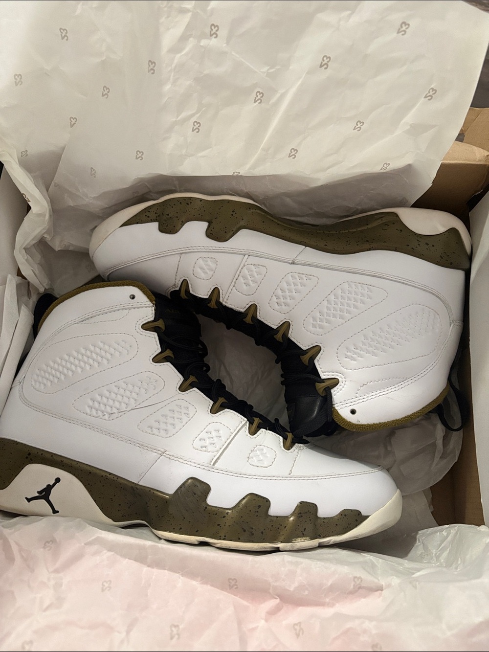 Jordan White and Olive Green High-Top Basketball Sneakers